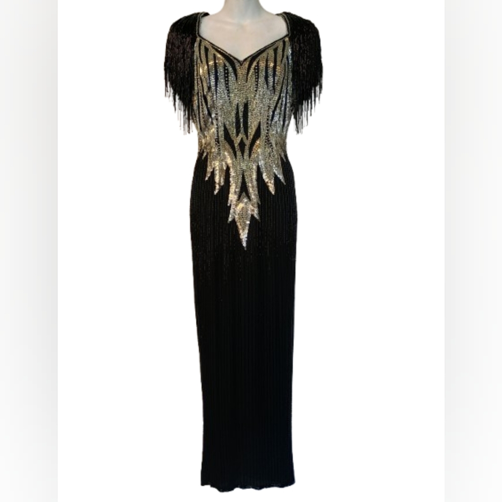 Vintage 80's Alyce Designs Black Silver Beaded Sequin Dress 100% Silk  Size : 8